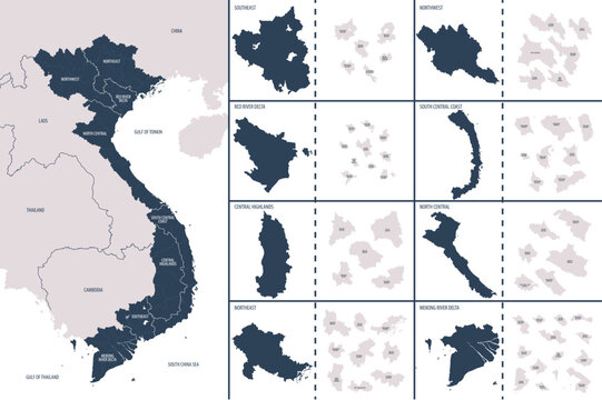 Vector color detailed map of Vietnam with administrative divisions of the country, each regions is presented separately in-highly detailed and divided into Provinces