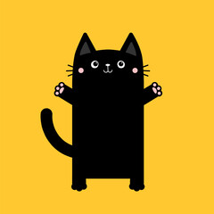 Black square cat ready for a hugging. Open hand paw print. Kitty standing reaching for a hug. Funny Kawaii animal. Cute cartoon baby character. Pet collection. Flat design Yellow background.