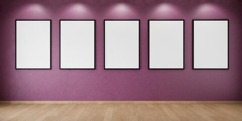 5 cadres vides accrochés sur un mur violet avec des spots, illustration pour intégration, rendu 3d
