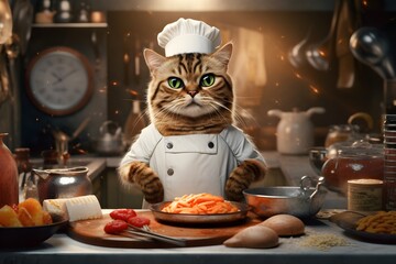 Cute cat in chef outfits in the kitchen cooking. Created with Generative AI technology.