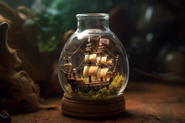 Miniature ship bottle. Generate Ai