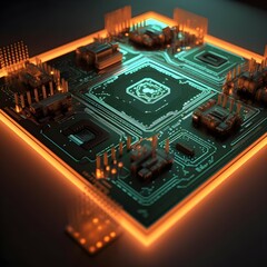 circuit board plan with neon glow. technology concept. created with Generative AI technology.