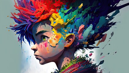 Painting of kid full of colorful imagination.