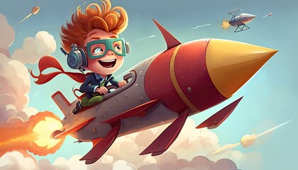 Smart kid in glasses flying on the rocket in library.