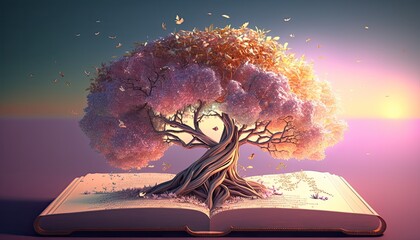 Beautiful ethereal golden tree of life growing out of the fantasy book at sparkling night