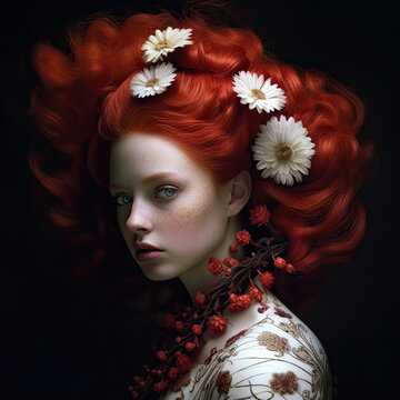 portrait of a woman with white flowers in hair and red berry necklace. Generative AI image.