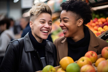 Fototapeta na wymiar Young lesbian interracial couple smiling in food market, relationship and lifestyle, generaitve AI person