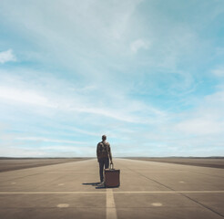 Missing the plane concept, late loneliness man with suitcase on empty airport runway. Generative AI