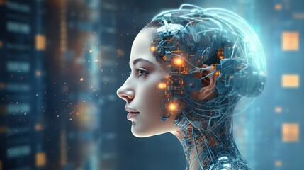 Cyborg bionic girl, machine learning, neural netowk and artificial intelligence, future technology, futuristic sci-fi background. Generative AI. - obrazy, fototapety, plakaty