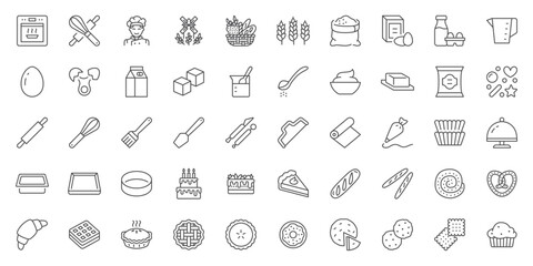 Bakery line icons set. Baking whisk, egg, flour, oven, mill, bread basket, birthday cake, pastry bag, wheat, croissant vector illustration. Outline signs of confectionery sweet food. Editable Stroke - obrazy, fototapety, plakaty