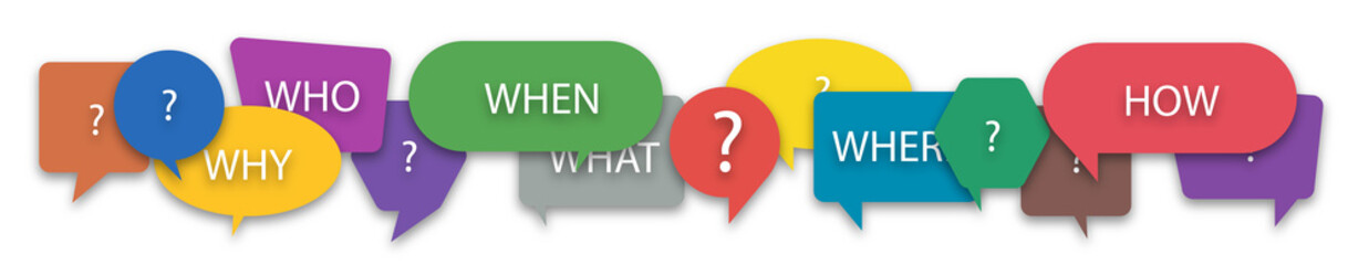 Questions who, what, how, why, for what and where on a colorful speech bubble icons. Communication inclusion people concept.  illustration on a white isolated background.