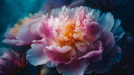 This is a close-up photograph of a peony flower set against a rainbow patchwork background, with a colorful pastel neon mist creating a foggy atmosphere around it. Generative AI - obrazy, fototapety, plakaty