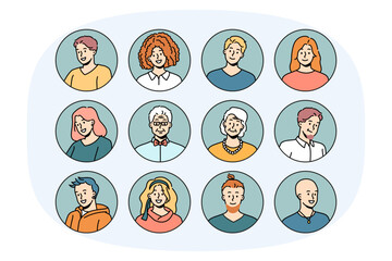 Set of headshot avatars of people of different ages and genders. Head portraits of men and women faces. Collection of young and old generation persons. Diversity. Vector illustration.