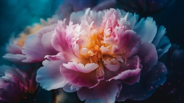 This is a close-up photograph of a peony flower set against a rainbow patchwork background, with a colorful pastel neon mist creating a foggy atmosphere around it. Generative AI