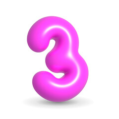 Colorful, luxury and glossy Fuchsia balloon digit three. 3d realistic design element isolated on white background. For sales, happy birthday, birthday cake.
