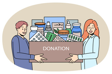 Smiling diverse people hold box with medications donate to poor needy people. Caring man and woman make medicaments or drugs donation. First aid, charity and volunteer. Vector illustration.