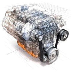 Car engine design plan over white background. Created with Generative AI technology.
