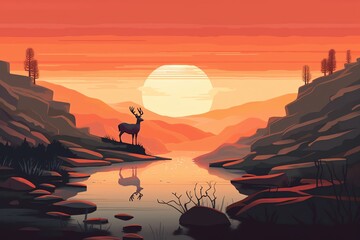 Fototapeta premium Deer on the mountain landscape illustration