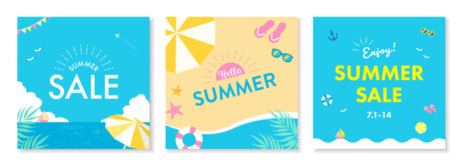 夏のセールのためのベクターイラストセット。夏の海やビーチのイメージ。バナーやポスターに。 - obrazy, fototapety, plakaty