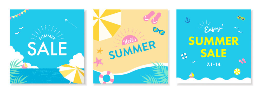 夏のセールのためのベクターイラストセット。夏の海やビーチのイメージ。バナーやポスターに。