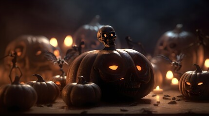 Halloween bats, skeleton, pumpkin and spider in dark scary mood with fog in dramatic lighting have empty space on right side for text created with Generative AI technology.