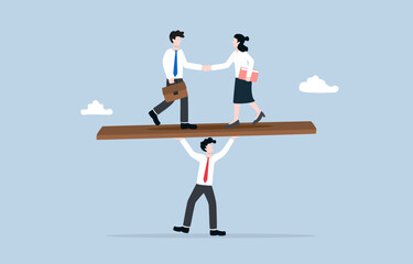 Business negotiation, mediation process, mutually beneficial resolution, communication and interpersonal skills concept, Businessman trying to balance negotiation partners on seesaw. 