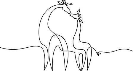 Mothers day card. one line drawing. Giraffe with baby.