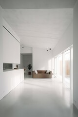 Fototapeta na wymiar Minimalist interior design with white concrete walls and large windows. Generative Ai