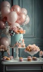 Luxury cake and balloons, Sweets, Classic interior, with ornaments.  Generative Ai