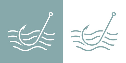 Fototapeta Logo de pesca. Anzuelo de pesca lineal con olas de mar obraz