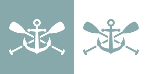 Logo nautical. Silueta de ancla de barco con remos cruzados de kayak, canoa o paddle surf © teracreonte