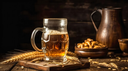Glass of beer with wheat on wooden background. Ai generated