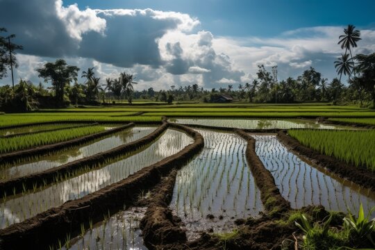 Rice paddies extending to the horizon under a brilliant blue sky. Local farmers in traditional attire transplanting seedlings under the hot sun. Generative AI