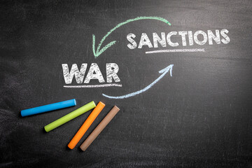 Naklejka na ściany i meble War and Sanctions Concept. Text on a dark chalkboard background
