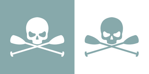 Logo club de piragüismo. Símbolo pirata con silueta de cráneo con remos cruzados de kayak, canoa o paddle surf