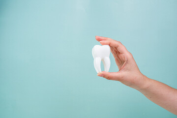 White tooth in the hands of a man. Oral health concept. Teeth whitening. Place for text. Advertising banner.