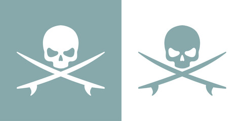 Logo club de surf. Símbolo pirata con silueta de cráneo con tablas de surf cruzadas
