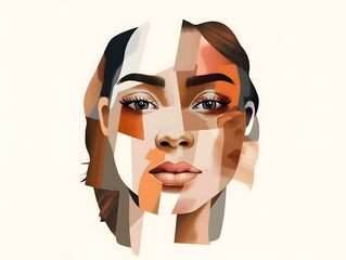 Contemporary art collage. Modern design. Female face made from different face parts of women of various races. Concept of beauty standards, multi ethnicity, friendship, diversity, human rights - obrazy, fototapety, plakaty