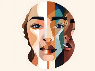 Contemporary art collage. Modern design. Female face made from different face parts of women of various races. Concept of beauty standards, multi ethnicity, friendship, diversity, human rights