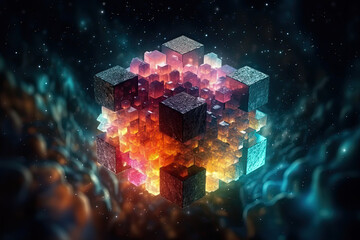 Photorealism Epic Fractal Square with Glowing Aura, Sparkles, Full Color Palette, 32k Render, Generative AI