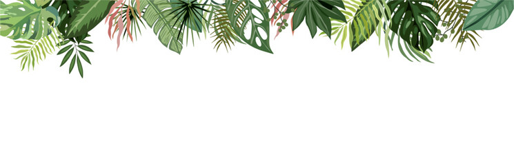 Obraz na płótnie Canvas Tropical leaves and branches border. Trendy botanical illustration. Greenery for wedding invitation, greeting cards, decoration, stationery design. Vector art Isolated on transparent background.