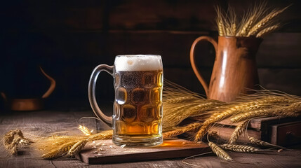 Glass of beer with wheat on wooden background. Ai generated