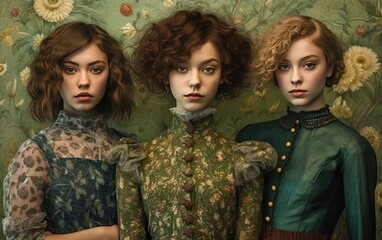 Three beautiful models with elegant hairstyles posing in retro style clothes and expensive luxury jewelry. victorian hairstyle. Ai generative. - obrazy, fototapety, plakaty