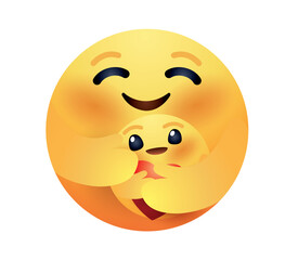 Emoticon vector illustration. Emoji Round cartoon hugging baby. Cute emoticon embracing child icon.