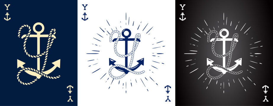 Set of three Vintage Label with an Anchor and Letter made of Ship Rope. Apparel t-shirt or Poster Design. Logotype Monogram with Playing Cards Style. Vector illustration.