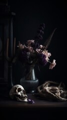 skeleton skull dark dead flower design death art halloween human. Generative AI.