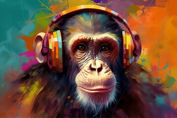 Monkey headphones color music. Generate Ai