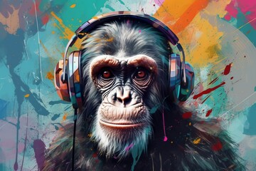 Monkey headphones color splash. Generate Ai