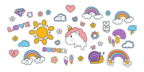 Naklejka premium Set of funny cartoon doodle elements. Illustration in y2k style for sticker pack, poster, card design. Hand drawn collection isolated on white background. Vector 