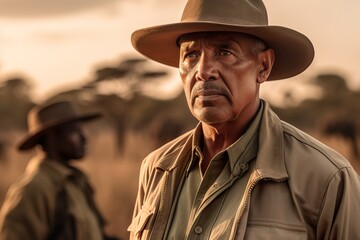 A fictional person. Confident Male Safari Ranger with Khaki Uniform and Wide-brimmed Hat